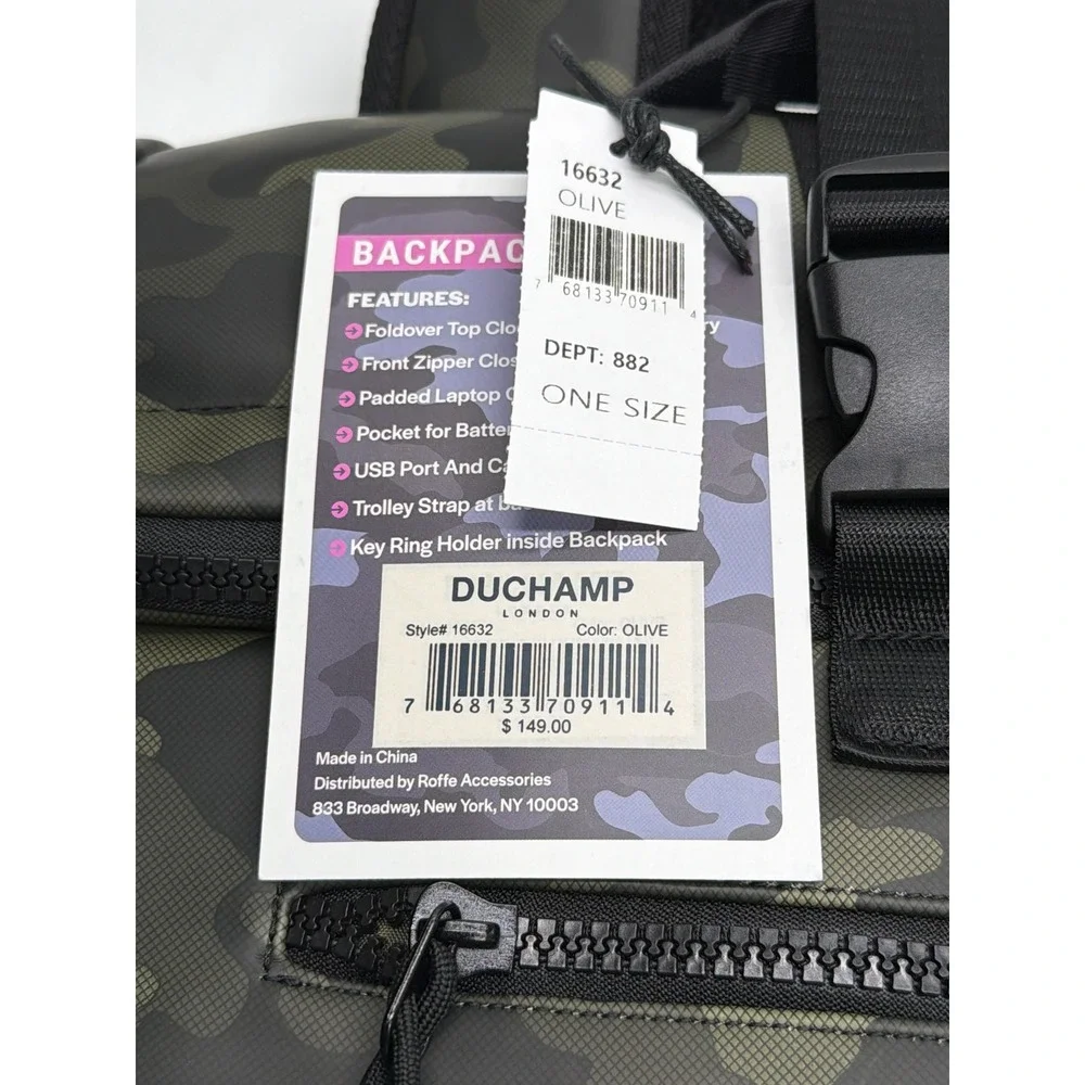 Duchamp London Olive Camouflage Foldover Backpack USB Port Laptop Sleeve 16632